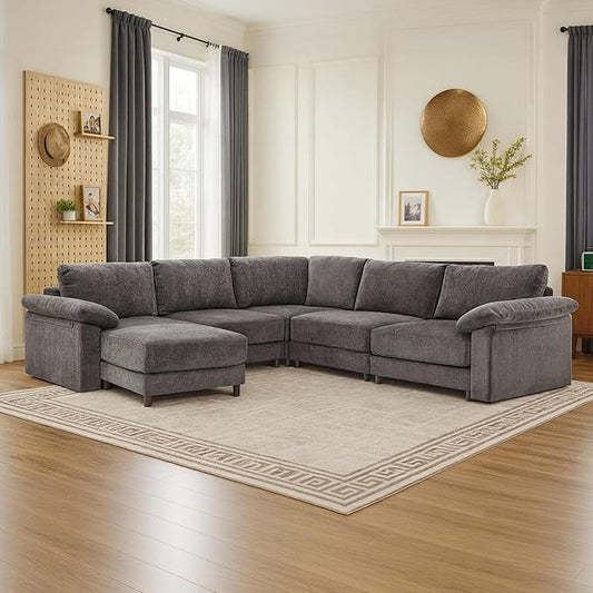 Oversized Modular Cloud Couch with Removable Washable Cover, L/V-Shaped Sectional for Large Living Room, Plush Chenille & Deep Seat（Grey）