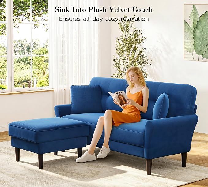Kidirect Small Sectional Couch, 69" L Shaped Couch, Sectional Sofa, Blue | Comfy Velvet Couch, Tool-Free Setup, 750lb Max Load, Movable Ottoman, Ideal for Living Room, Bedroom, Apartment, Office