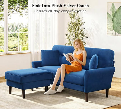 Kidirect Small Sectional Couch, 69" L Shaped Couch, Sectional Sofa, Blue | Comfy Velvet Couch, Tool-Free Setup, 750lb Max Load, Movable Ottoman, Ideal for Living Room, Bedroom, Apartment, Office