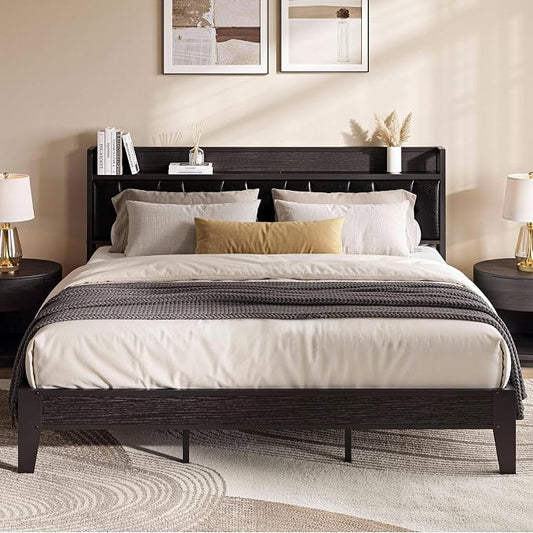 LIKIMIO California King Bed Frame, PU Leather Storage Headboard with Charging Station, Solid and Stable, Noise Free, No Box Spring Needed, Easy Assembly, Black