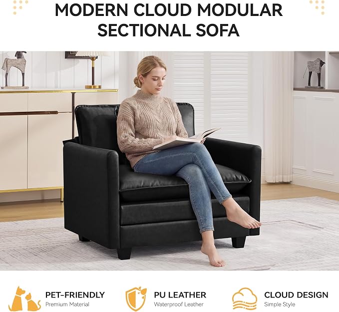 WUTUTUEE 41'' Modern Leather Oversized Chair, Upholstered Accent Living Room Chair with Extra Thicked Deep Seat, Single Lounge Chair for Bedroom, Small Apartment, Leather Black
