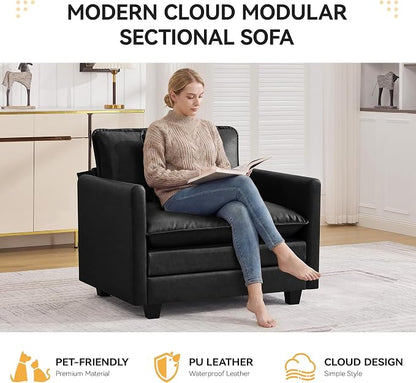 WUTUTUEE 41'' Modern Leather Oversized Chair, Upholstered Accent Living Room Chair with Extra Thicked Deep Seat, Single Lounge Chair for Bedroom, Small Apartment, Leather Black