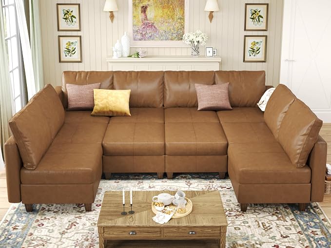 EASE MOOSE Modualr Sectional Couch U Shaped Sofa with Storage Ottomans, Faux Leather Modular Sofa Couch with Reversible Chaises for Apartment