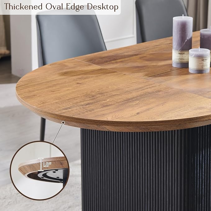 T4TREAM 63" Fluted Oval Dining Table for 4-6, Mid-Century Modern Kitchen Table with Thickened Edge & Strip Base, Wood Luxury Table for Dining Room/Kitchen/Home Office, Gold Brown&Black(Table Only)