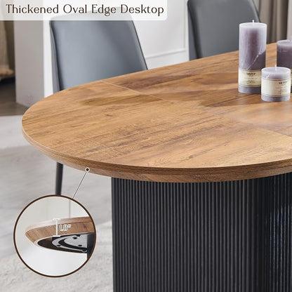 T4TREAM 63" Fluted Oval Dining Table for 4-6, Mid-Century Modern Kitchen Table with Thickened Edge & Strip Base, Wood Luxury Table for Dining Room/Kitchen/Home Office, Gold Brown&Black(Table Only)