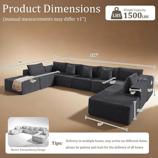 168" Cloud Sectional Couch, Comfort U Shaped Sofa for Living Room, Extra Deep Seats No Assembly, Minimalist Modular Couch, Corduroy (Dark Grey, 9 Seats,U-Shape A)