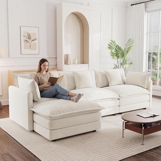 111.5" Modular Sectional Sofa, Large L Shaped Sectionals Cloud Couch, Big Comfy 3-Seat Couch with Ottoman, 4 Seater Chenille Sectional Sofa with Deep Seat and 5 Pillows for Living Room- Beige