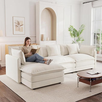 111.5" Modular Sectional Sofa, Large L Shaped Sectionals Cloud Couch, Big Comfy 3-Seat Couch with Ottoman, 4 Seater Chenille Sectional Sofa with Deep Seat and 5 Pillows for Living Room- Beige