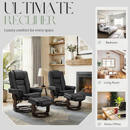 Swivel Recliner Chair with Ottoman Reclining Lounge Sofa Footrest, Set of 1 | 360°Sturdy Wood Base, Soft PU Leather, Upholstered Ultra-Plush Foam, Modern Armchair, Living Room Bedroom Office Reading Home