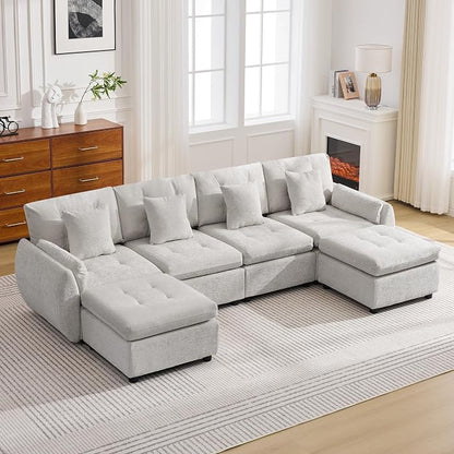 112" U Shaped Modular Sectional Cloud Sofa with 2 Ottomans, Oversized Deep Seat Tufted Chenille 6-Seater Couch with Curved Arms, Upholstered Sofas for Living Room, Light Grey