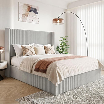 Allewie Full Lift-Up Storage Bed Frame with Modern Wingback Headboard, Corduroy Upholstered Platform Bed, Hydraulic Gas Lift Support, Underbed Storage, Wooden Slats, No Box Spring Needed, Grey