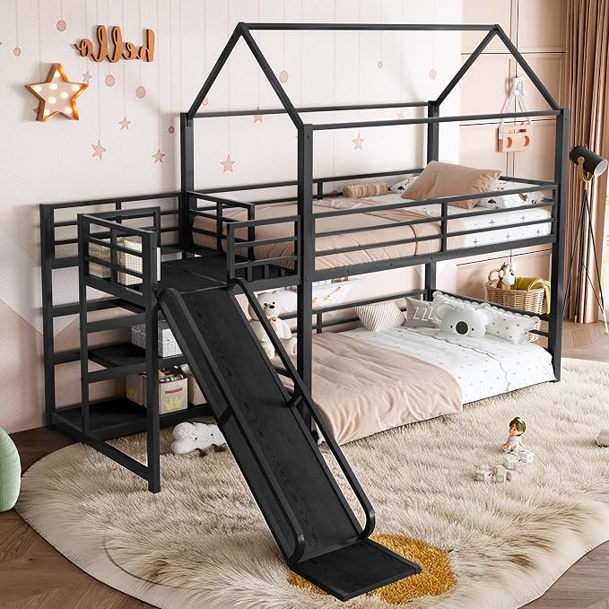 Harper & Bright Designs Metal House Bunk Bed with Slide and Roof, Twin Over Twin Floor Bunk Bed with Staircase and Full Length Guardrails, No Box Spring Required, Noise Free, Space Saving, Black