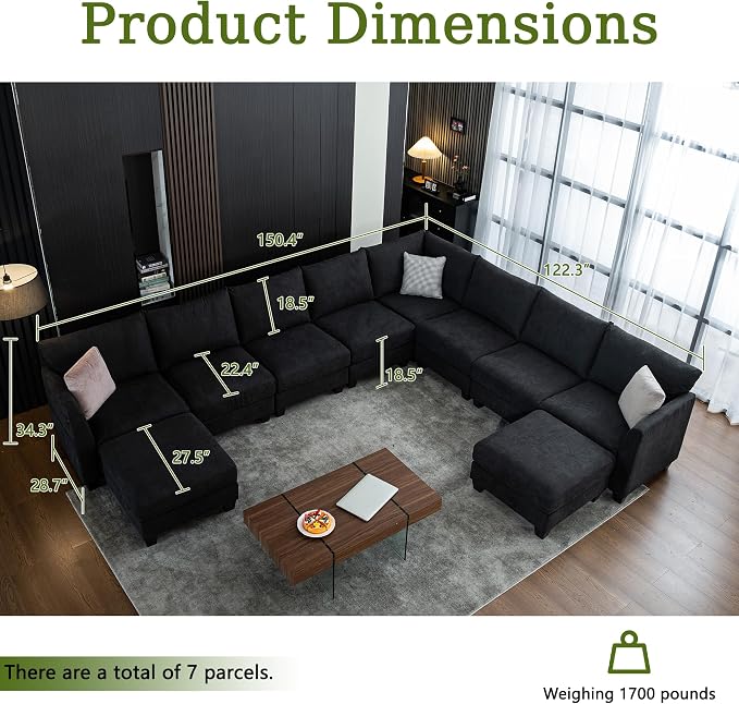 150.4" Large Sectional Couches for Living Room, 8 Seater L Shaped Modular Sectional Sofa with Two Storage Ottomans & USB, Oversized Corner Couch for Living Room（Black）