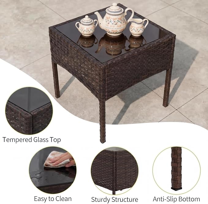3 Piece Patio Furniture Set, Outdoor Patio Wicker Sofa Set with Upholstery and Glass Storage Coffee Table, All Weather Conversation Rattan Set for Garden, Porch, Lawn, Pool, Brown+White