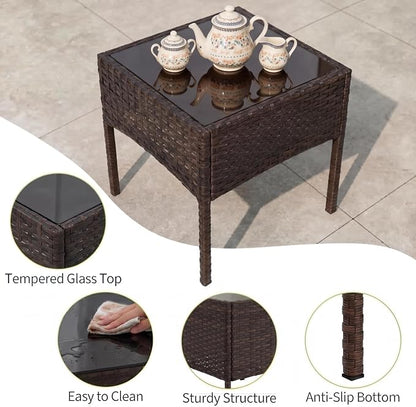 3 Piece Patio Furniture Set, Outdoor Patio Wicker Sofa Set with Upholstery and Glass Storage Coffee Table, All Weather Conversation Rattan Set for Garden, Porch, Lawn, Pool, Brown+White