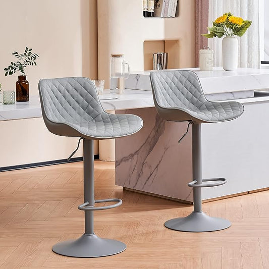 YOUTASTE All Grey Bar Stools Set of 2, Upholstered Counter Height Bar Stool, Adjustable Swivel Faux Leather Barstools, with Padded Back, Metal Base, Kitchen Chairs for Home Island