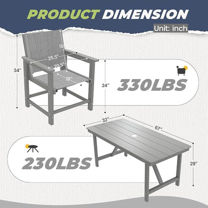 7 Piece HDPE Patio Dining Set, All-Weather Outdoor Table and Chair Sets with Umbrella Hole Outdoor Dining Table Sets of 6 Textilene Fabric Patio Chairs for Backyard, Poolside, Garden, Deck(Gray)