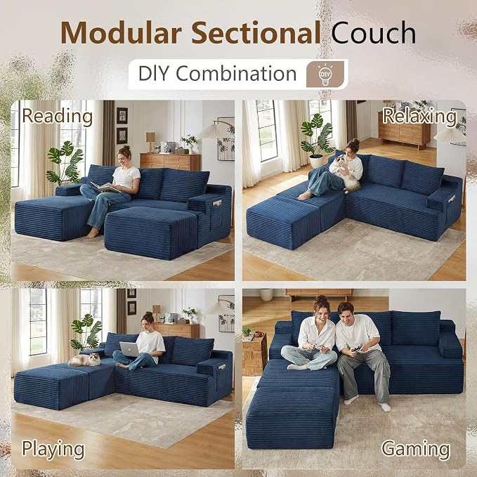 96" Cloud Sectional Couch U-Shaped Chaise with Ottoman, Corduroy Boneless Couch for Living Room Bedroom, Deep-Seat Upholstered Modular Cloud Sofa, No Assembly Required (Blue, Left Facing Chaise)