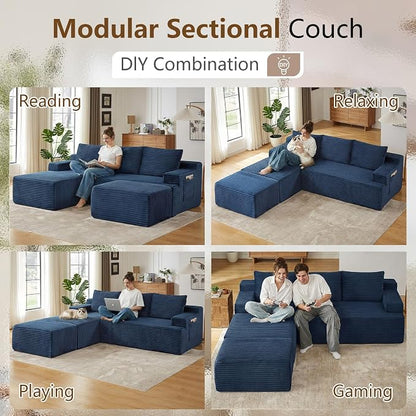 96" Cloud Sectional Couch U-Shaped Chaise with Ottoman, Corduroy Boneless Couch for Living Room Bedroom, Deep-Seat Upholstered Modular Cloud Sofa, No Assembly Required (Blue, Left Facing Chaise)