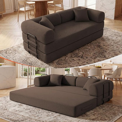 79" Convertible Sleeper Sofa Bed, Corduroy Boneless Fold-Out Couch in a Box, 4-in-1 Loveseat/Futon Couch, High-Density Foam, No Assembly, Side Pockets, 2 Pillows for Small Spaces, Brown