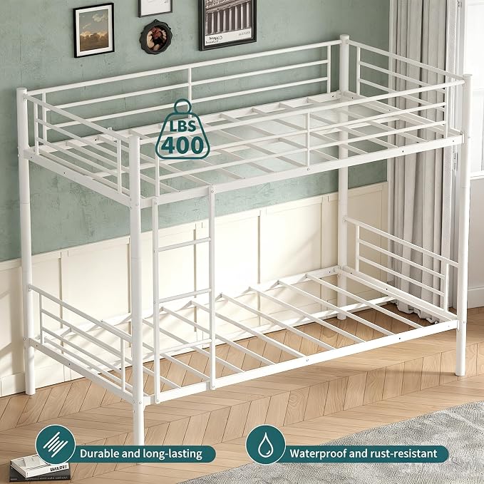 Bunk Bed Twin Over Twin, Metal Bunk Bed with Front Ladder and Safety Guardrail, Space-Saving Twin Bunk Beds for Kids, Teens & Adults, No Box Spring (Front Laddder, White)