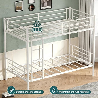 Bunk Bed Twin Over Twin, Metal Bunk Bed with Front Ladder and Safety Guardrail, Space-Saving Twin Bunk Beds for Kids, Teens & Adults, No Box Spring (Front Laddder, White)