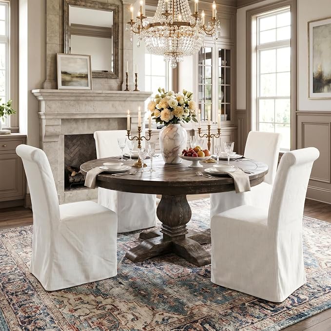 chairus Slipcovered Parsons Dining Chairs Set of 2, Upholstered Dining Room Chairs with Washable Linen Cover & High Back, Modern Farmhouse Wooden Side Kitchen Chairs, Cream White