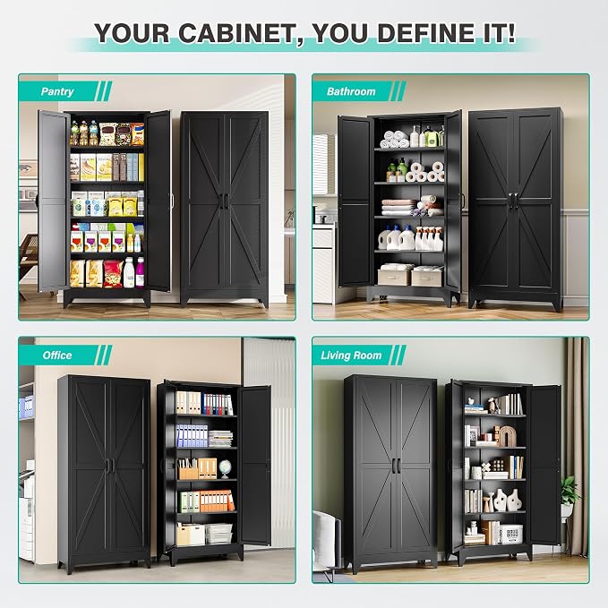 SISESOL 75" Tall Pantry Cabinet,Farmhouse Kitchen Pantry Storage Cabinets with 2 Doors and 4 Shelves,Black Metal Storage Cabinet,Large Cupboard for Home,Kitchen,Dining/Living Room