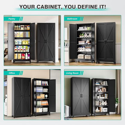 SISESOL 75" Tall Pantry Cabinet,Farmhouse Kitchen Pantry Storage Cabinets with 2 Doors and 4 Shelves,Black Metal Storage Cabinet,Large Cupboard for Home,Kitchen,Dining/Living Room