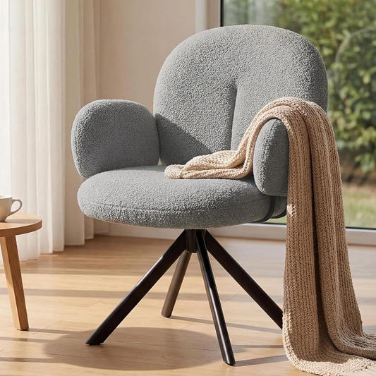 Cute Desk Chair No Wheels, 360° Swivel Accent Chairs with Arms, Modern Upholstered Dining Room Chairs with Tufted Cushion, Accent Chairs for Home Office/Bedroom/Kitchen, Teddy Sherpa, Grey