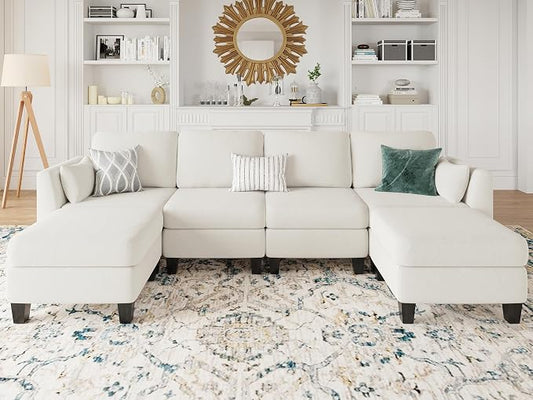 Modular Sectional Sofa, 6 Seaters Modular Sleeper Sofa Couch, Comfy Sectionals Couches Bed, Convertible Sofas with Ottomans, Sectional Couches for Living Room, Beige