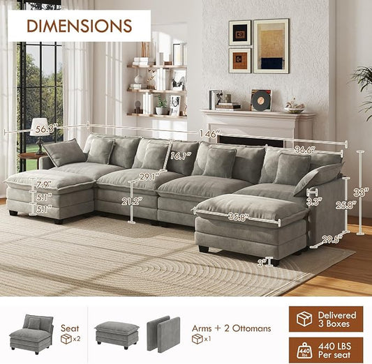 WorthFurni 146” Oversized Modular Sectional Sofa, U Shaped Cloud Couch Set for Living Room, 4-Seater Comfy Chenille Couches with 2 Movable Ottomans, DIY Combination （Grey）