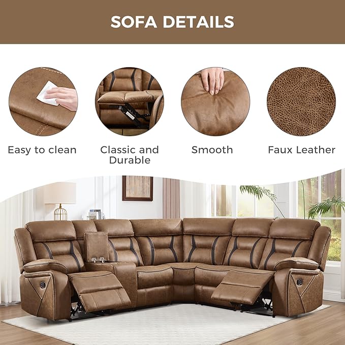 EBELLO Faux Leather Reclining Sectional Sofa Set for Living Room, 1 Recliner Chair and L-Shaped Reclining Couches Home Furniture Set with Center Console, Hidden Cup Holders and Storage, Brown