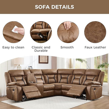 EBELLO Faux Leather Reclining Sectional Sofa Set for Living Room, 1 Recliner Chair and L-Shaped Reclining Couches Home Furniture Set with Center Console, Hidden Cup Holders and Storage, Brown