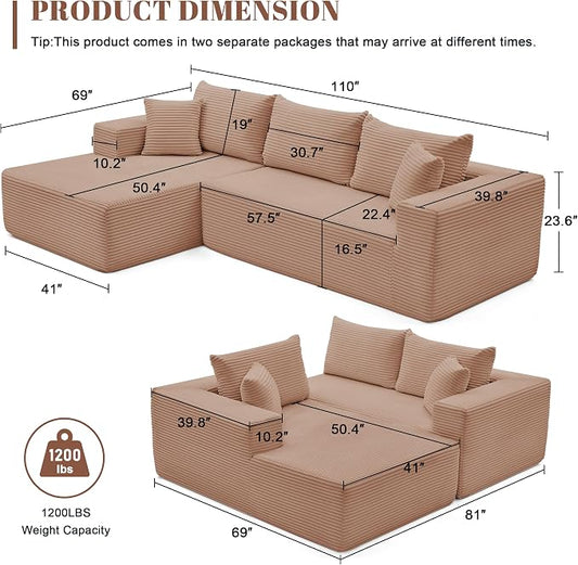 Mangodan 110” Cloud Sectional Couch, Modular Sectional Sofa for Living Room, Boneless Sofa with Deep Seat, Comfy Fluffy Couch with L-Shaped Chaise, No Assembly Required (Left-Facing Chaise, Camel)