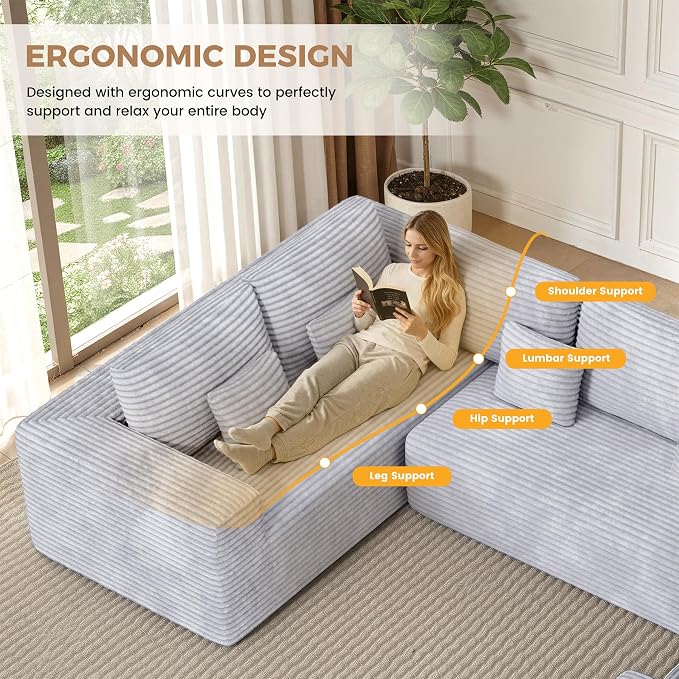 Luxanimarion 136'' Large Sectional Cloud Couches with Chaise, U Shaped Boneless Loveseat Sofa, No Assembly Required Deep Seat Modular Lounge for Living Room 3PCS Set, Bedroom(Light Grey)