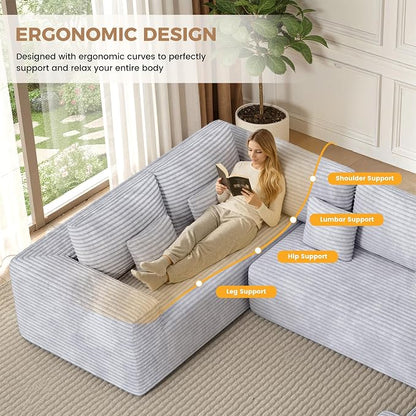 Luxanimarion 136'' Large Sectional Cloud Couches with Chaise, U Shaped Boneless Loveseat Sofa, No Assembly Required Deep Seat Modular Lounge for Living Room 3PCS Set, Bedroom(Light Grey)