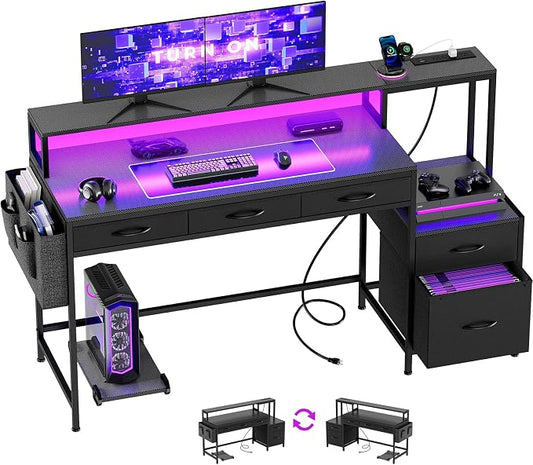 REAHOME 61 Inch Gaming Desk with Charging Station and LED Lights, Reversible Computer Desk with Storage Drawer and Monitor Stand, Modern Desk Table with File Cabinet & Side Pocket, Carbon Fiber Black