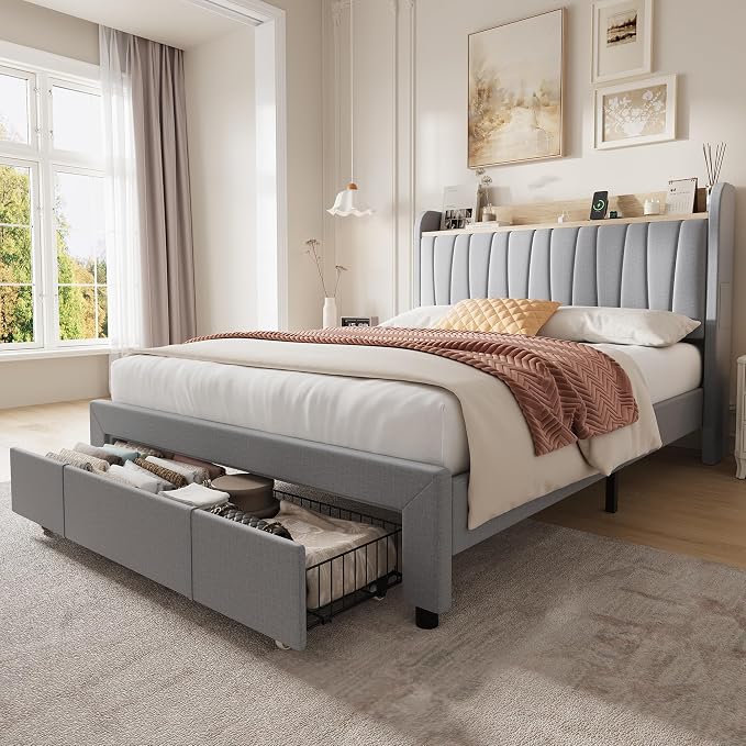 GarveeHome Upholstered Bed Frame with Storage Headboard and Charging Station, Platform Bed Frame with Drawers, Heavy Duty, No Box Spring Needed, Easy Assembly, Grey, Queen Size