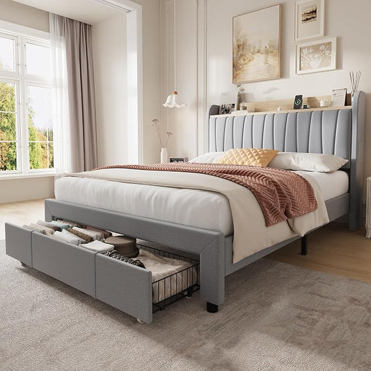 GarveeHome Upholstered Bed Frame with Storage Headboard and Charging Station, Platform Bed Frame with Drawers, Heavy Duty, No Box Spring Needed, Easy Assembly, Grey, Queen Size
