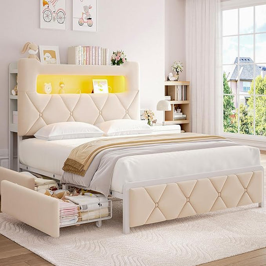 Queen Upholstered LED Bed Frame with 2 Storage Drawers and 2-Tier Storage Headboard,Velvet Princess Platform Bed with Charging Station & Bookcase, Corner Bed Frame, Heavy Duty Metal Support, Beige