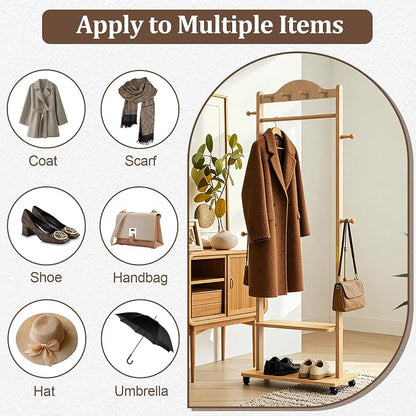 Wood Clothes Rack with Storage, 2 Shelves, 9 Hooks, Garment Rack with wheels, Coat Rack Freestanding, Clothing Rack Heavy Duty Hall Tree for Living Room Hallway,835 Natural