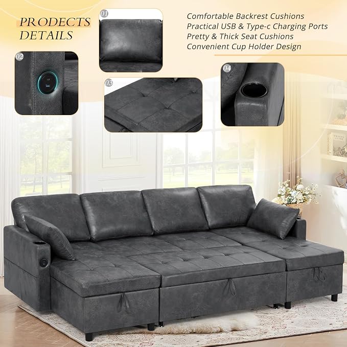 110 inches Suede Leather Sleeper Sofa w/Pull Out Bed, U-Shape Sectional Sofa Bed w/Adjustable Backrest and Storage Chaises, 4-Seats Upholstered Sofa Bed w/USB Port for Living Room, Grey