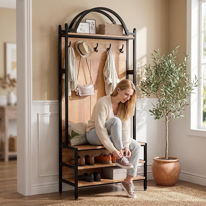 72" Farmhouse Hall Tree with Bench and Shoe Storage, Entryway Coat Rack with 5 Hooks, Arched Hall Tree with Shoe Rack Organizer, Rustic Wood & Metal Frame for Entryway, Mudroom, Foyer