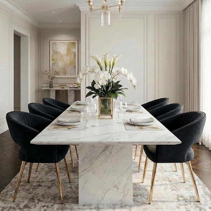 Hyfirm Set of 4 Black Velvet Dining Room Chairs, Modern Accent Chairs with Gold Legs & Hollow Back, Upholstered Kitchen Chair for Living Room/Reception/Restaurant