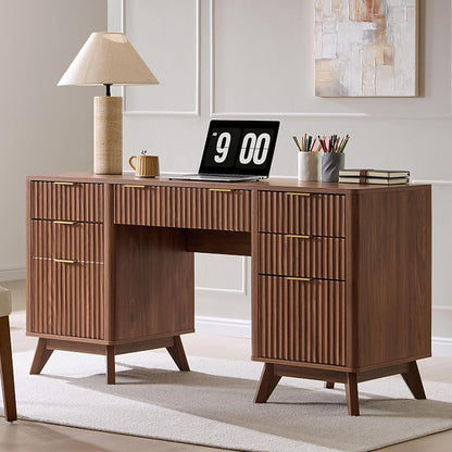 T4TREAM Fluted Executive Desk with Drawers, 60" Modern Home Office Computer Desk with Charging Station, File Cabinet, Keyboard Tray and Storage Cabinet for Study, Living Room, Bedroom, Light Walnut