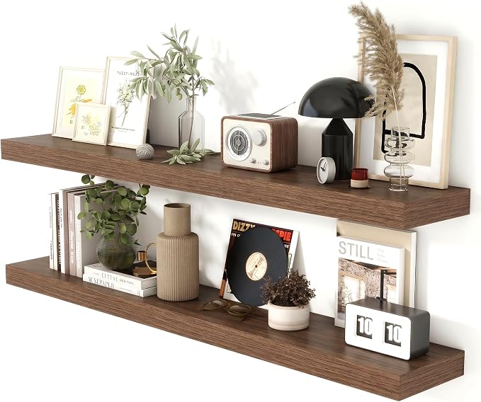 Heimlove 51 Inch Floating Shelves for Wall 8 Inch Deep Walnut Shelves Set of 2,Wall Mounted Rustic Wood Long Floating Shelf，Large Display & Storage Shelf with Invisible Brackets