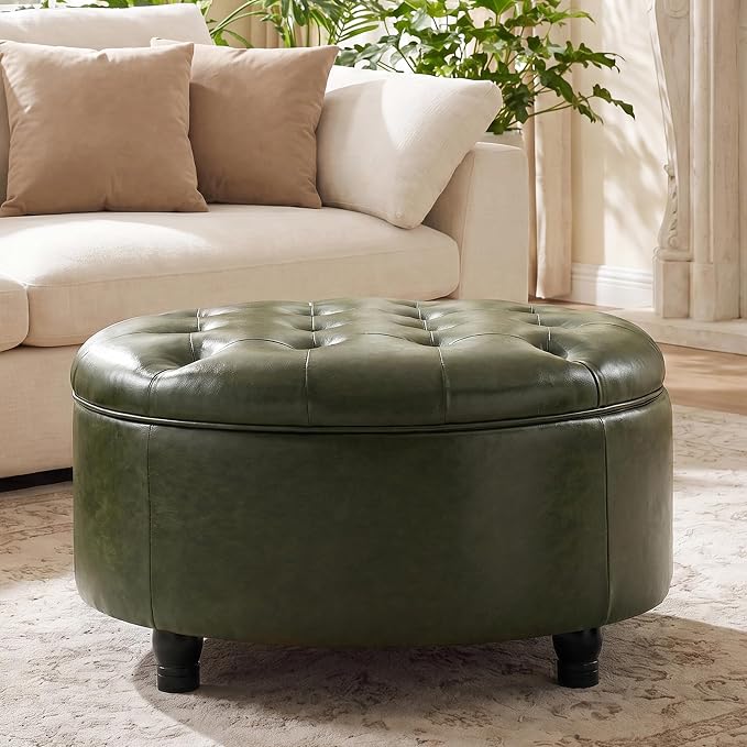 30-Inch Round Storage Ottoman, Button Tufted Ottoman Coffee Table with Removable Top for Living Room, Bedroom, Office (Green)