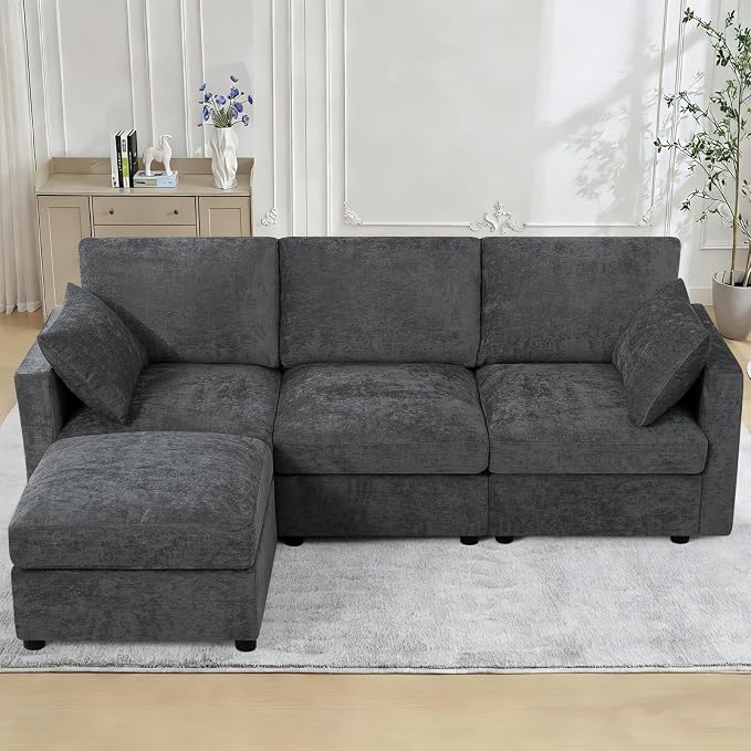 84” Chenille 3-Seats Sofa W/Movable Ottoman, Grey | Modern Fabric L-Shaped Couch w/Soft Backrests, Upholstered Sectional Sofa w/Arm Pillows for Living Room