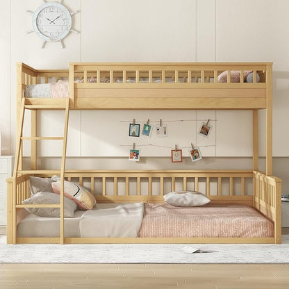 RUNNA Twin XL Over Queen Bunk Bed, Detachable, Ladder, Natural | Twin XL over queen bunk bed, detachable design, ladder, guardrails, solid wood frame, no box spring needed, rustic natural
